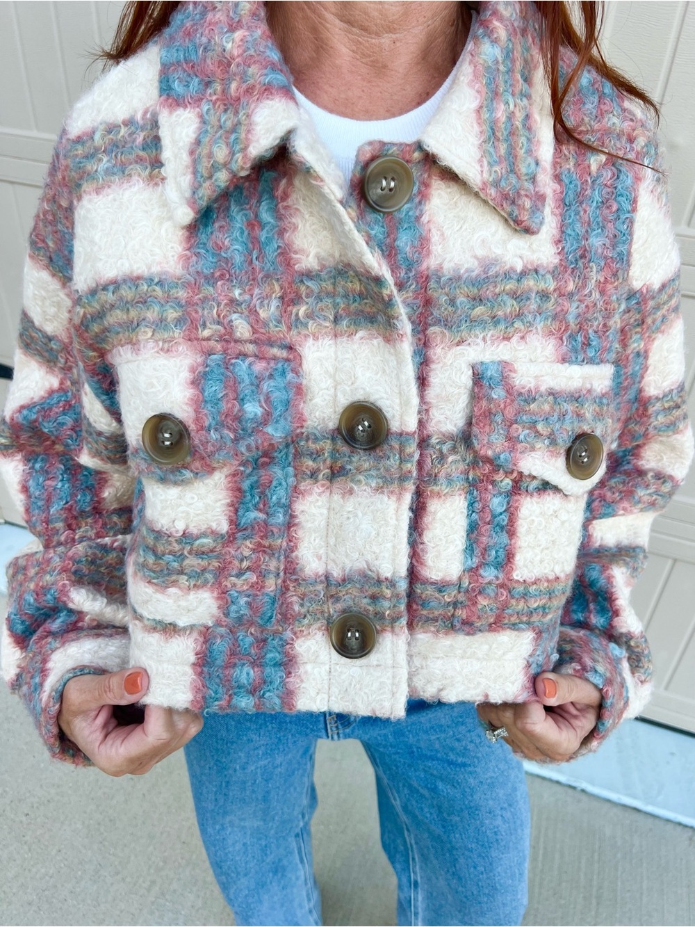 Cream Plaid Bouclé Jacket with Pink & Blue Accents